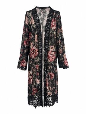 Floral Lace Long Kimono Robe Cardigan Cover Up - Black & Rose Sz M